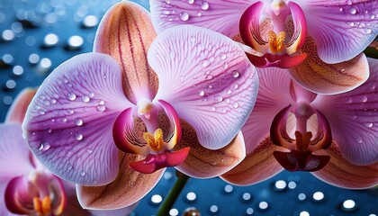 Obraz na płótnie Canvas Close-up of orchids with glistening water droplets on the petals, creating a stunning and fresh atmosphere. The delicate details of the flowers and the sparkle of the droplets add elegance and beauty.