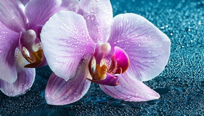 Close-up of orchids with glistening water droplets on the petals, creating a stunning and fresh atmosphere. The delicate details of the flowers and the sparkle of the droplets add elegance and beauty.