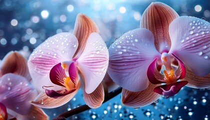 Plakat Close-up of orchids with glistening water droplets on the petals, creating a stunning and fresh atmosphere. The delicate details of the flowers and the sparkle of the droplets add elegance and beauty.