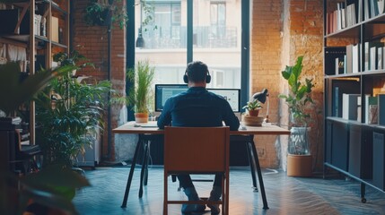Fototapeta premium Software developer working from home office using headphones and computer in loft style room