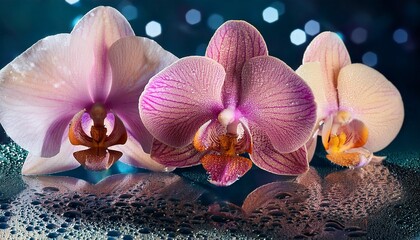 Plakat Close-up of orchids with glistening water droplets on the petals, creating a stunning and fresh atmosphere. The delicate details of the flowers and the sparkle of the droplets add elegance and beauty.