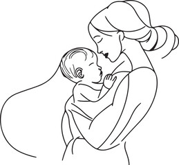 A single continuous line drawing of a mother holding a baby in her arms, a simple minimalistic one-line vector art illustration on a white background,
