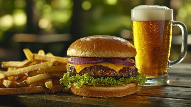 A classic burger and fries served with a frosty mug of beer on a picnic table - Powered by Adobe
