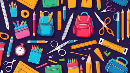 Colorful seamless pattern featuring school supplies, backpacks, pencils, rulers, scissors a dark background. Perfect back-to-school themes.