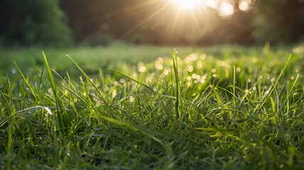 grass and sun, Summer green grass meadow with sunshine views on blurred wild field outdoor background
