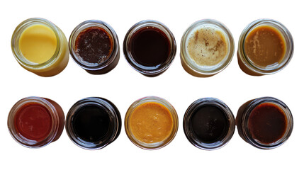Assorted sauces in glass jars, top view --ar 16:9
