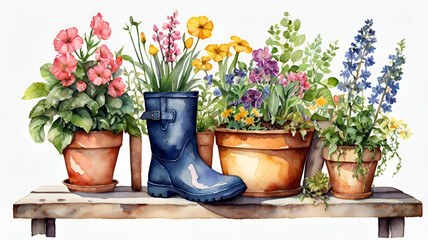 Watercolor botanical spring garden flowers and plants with rubber boots, flower pots, garden equipment illustration on white background