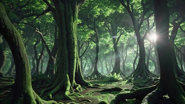 magical, fantastical green forest with thick trees and roots, an ancient jungle landscape, a mystical forest background, an enchanted forest, a fantasy backdrop, a fantasy scene