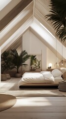 A cozy and stylish modern attic bedroom.	