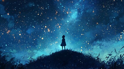 Fototapeta premium Person standing on hill admiring starfilled night sky calmly