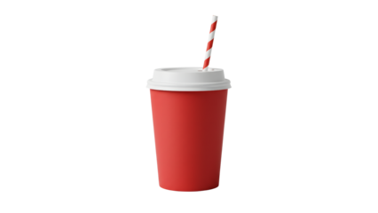 red paper cup with white plastic lid and striped straw isolated on transparent background Generative Ai.
