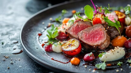 Exquisite Gourmet Dish presented. Restaurant dish. Lunch in a restaurant. For restaurant advertising.