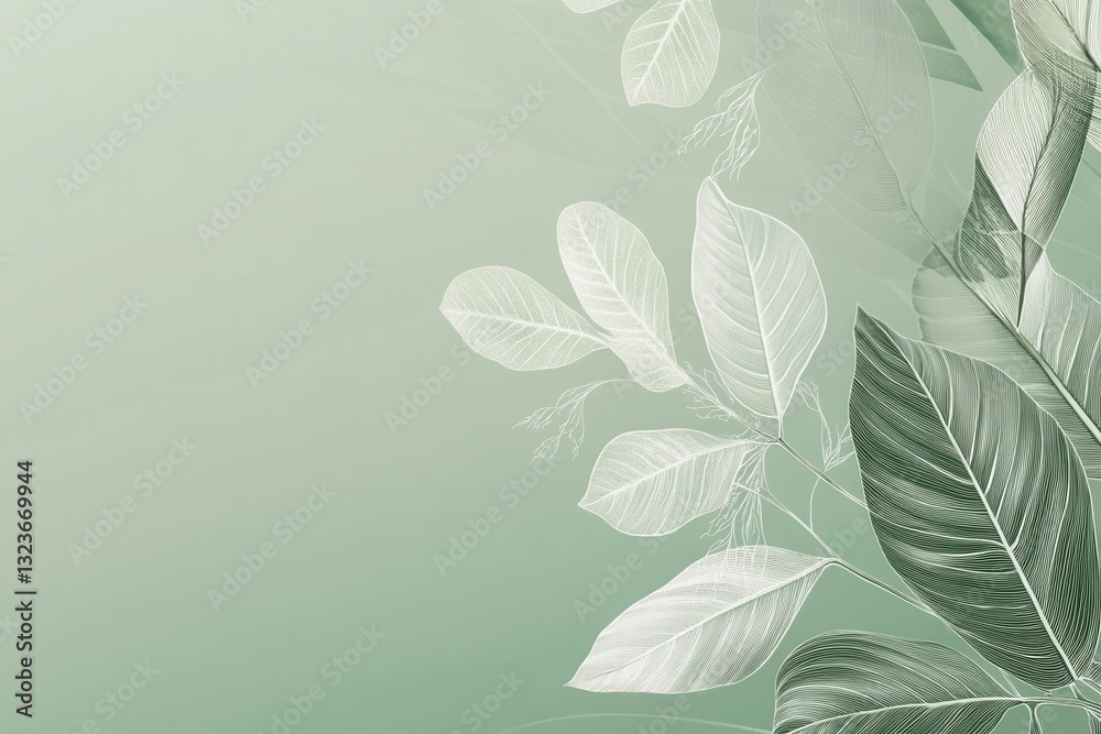 Poster explore the beauty of botanical line art with a soft green background featuring harmonious leaf text