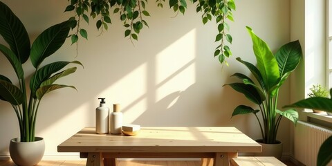 Serene Minimalist Room Decor Featuring Lush Greenery and Natural Light, Perfect for a Relaxing Atmosphere