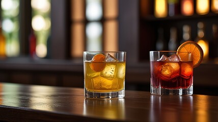 Distinct cocktails placed on a glossy, dark bar counter