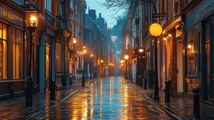 A rainy street glows under vintage street lights.
