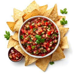 Bowl of fresh salsa made from chopped tomatoes, onions, and cilantro served on a rustic wooden table