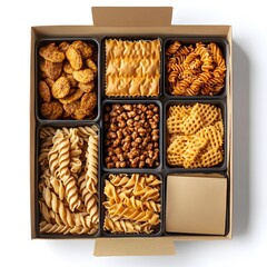 Rustic box filled with assorted pasta varieties and mixed nuts for a wholesome and nutritious culinary adventure