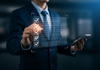 Businessman Using Digital Checklist Interface for Task Management and Productivity