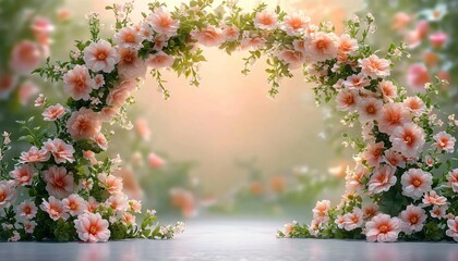 A beautiful floral archway with pink and white flowers, perfect for wedding cards, Valentine's Day, or Mother's Day celebrations, exuding a romantic, ethereal vibe.