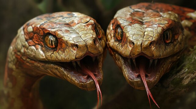 Two Headed Snake. Freak Mutant Reptilian with Red and Corn Snake Colors
