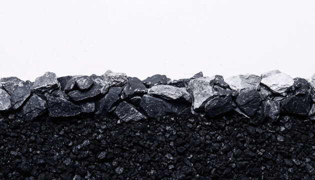 Black and white stones and coal resting on a clean white background