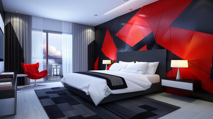 A bold bedroom with red accents, geometric wall art, sleek black furniture, and energizing dramatic lighting. A modern, high-contrast design.   