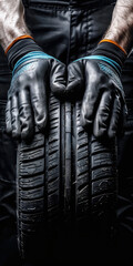Mechanic holding new car tire wearing protective gloves