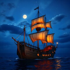 Fototapeta premium Night sailing of an old wooden sailboat at sea during moonlight