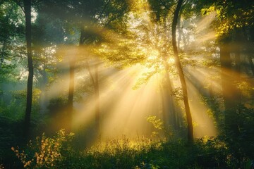 Obraz premium Golden sun rays pierce a misty forest, illuminating lush green foliage. Perfect for illustrating peace, nature, or spiritual themes.