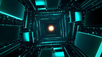3D Tunnel Made of Blue and Green Blocks with a Bright Light Source