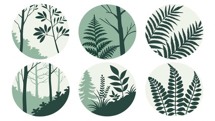 Serene Forest Silhouettes In Calming Teal And Dark Green Tones, Showcasing Diverse Flora In A Peaceful Woodland Setting