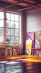 Bright Art Studio with Colorful Paintings and City View