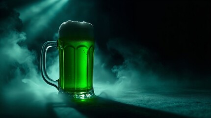 A glowing glass of green beer with frothy foam, surrounded by mist and shadows, symbolizing celebration and festivity  with copy space