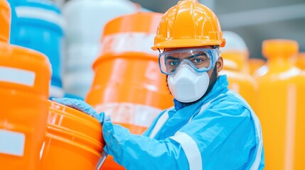 Hazardous Materials Handler Safely Transporting Dangerous Chemicals and Waste, Bright Light, High Contrast, Vivid Colors, Sharp Details