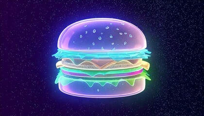 Vibrant neon burger animation cosmic space 3d rendering futuristic environment eye-catching viewpoint fast food concept