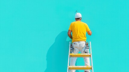Painter at Work in Minimalist Apartment, applying coatings and finishes to pristine walls in a newly built complex, embodying a clean and simple environment with ample free space