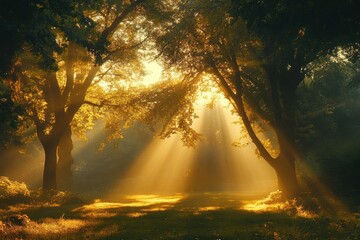 Golden sun rays pierce a misty forest, illuminating two majestic trees. Perfect for illustrating peace, tranquility, and the beauty of nature.