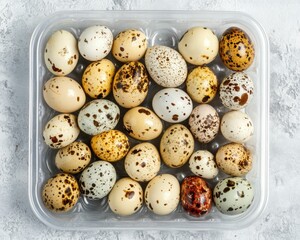 Whole Quail. Fresh Raw Quail Eggs in Natural Shell, Top View on Background