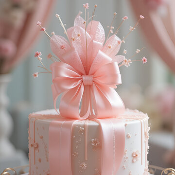 In a world of sweetness, a pastel pink cake topper, daintily wrapped in satin ribbon, claims center stage, poised atop a stately cake, radiating elegance and refinement.