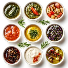 A colorful assortment of different sauces in bowls showcasing unique textures and flavors for culinary inspiration