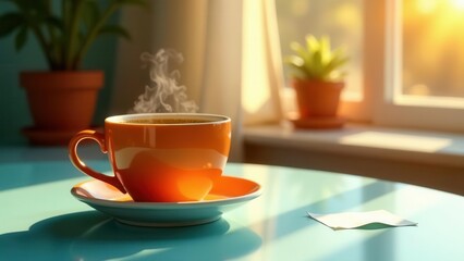 A warm cup of coffee sits on a teal table bathed in sunlight, steam rising gently, near a window with potted plants.