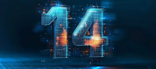 Glowing digital single big number 14 in futuristic style on digital abstract background