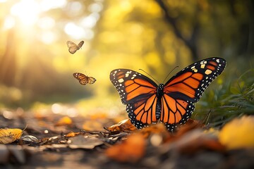 Obraz premium Monarch butterfly on autumn leaves with sunlight.
