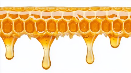Golden Honey Dripping from Honeycomb on White Background