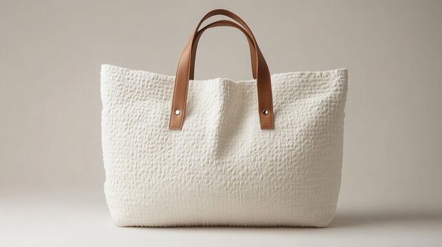 A chic white tote bag, crafted from a textured fabric, exuded practicality and style, perfect for everyday errands and urban escapades.