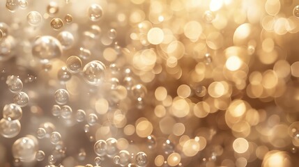 Abstract background of soft warm colors with bokeh and shiny bubbles.