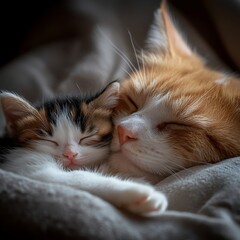 Mother cat and kitten sleeping peacefully together.