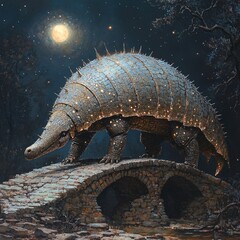 Fototapeta premium Fantasy illustration of an armored creature with glowing lights crossing an ancient stone bridge under the moonlit night sky. Generative AI.
