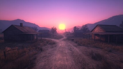 Serene Sunset over a Rustic Western Town